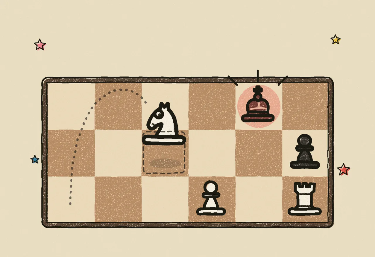 A white knight in mid-jump across a wooden chess board, about to give check to the black king