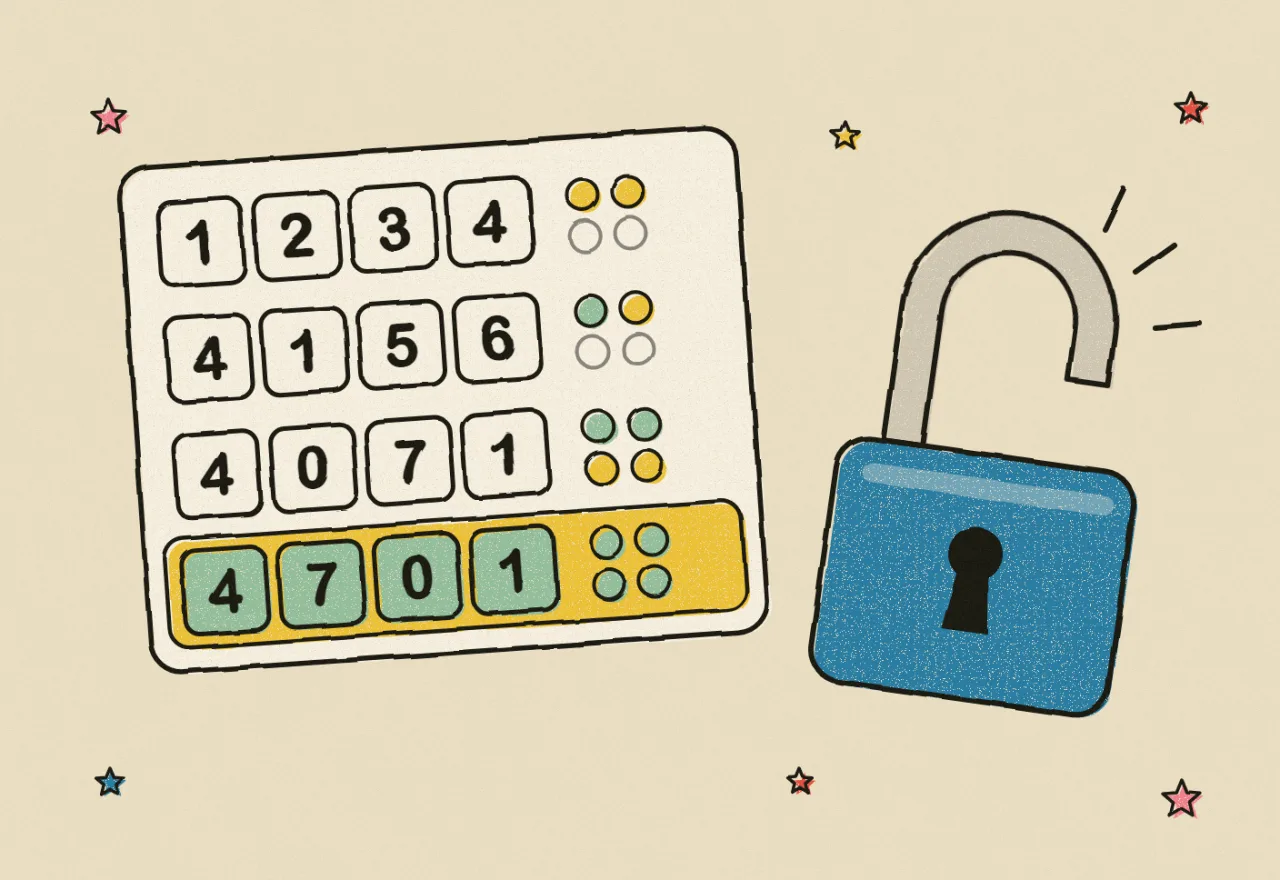 A blue strip with four hidden code tiles marked with question marks, above a paper slip of guesses with green and yellow pegs
