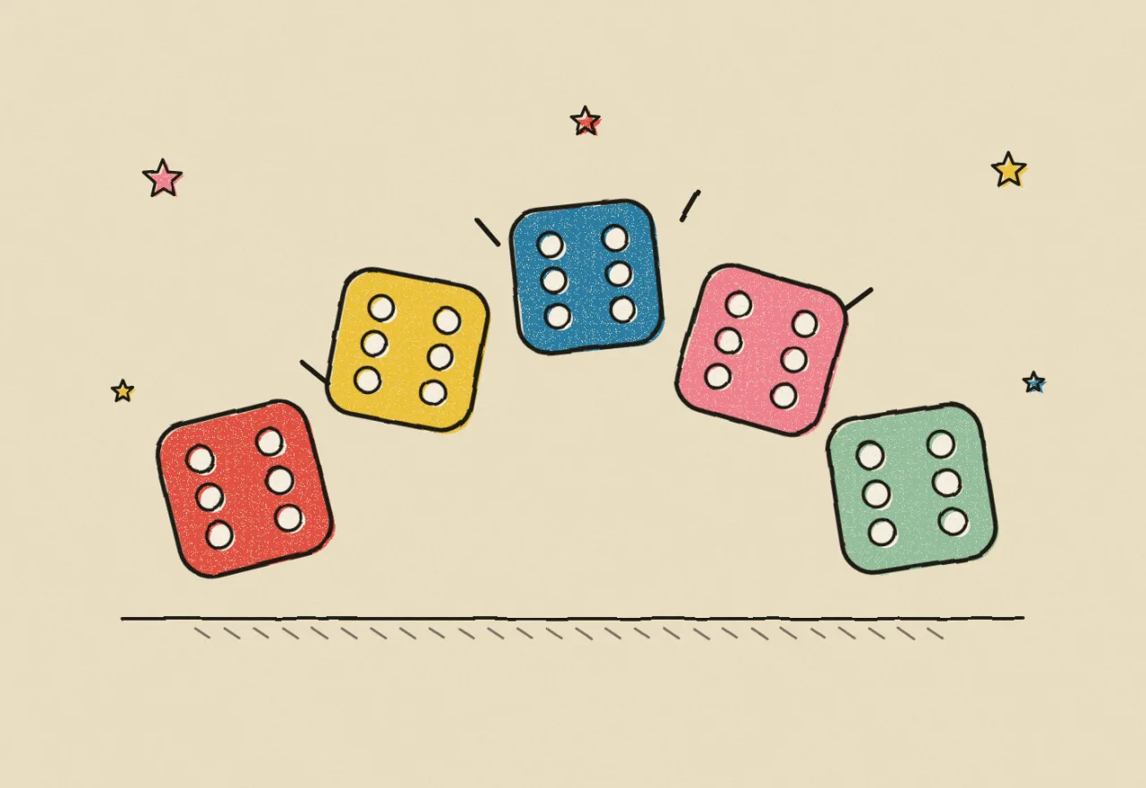 Cinco dados enfileirados, todos mostrando seis, cercados de estrelas