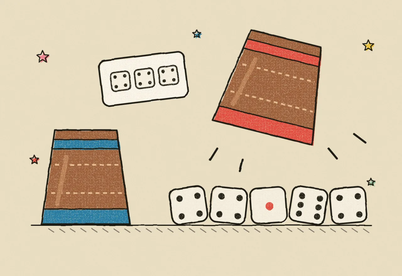 Two leather dice cups on a wooden table, one lifted to show five dice, with a paper slip that reads three fours