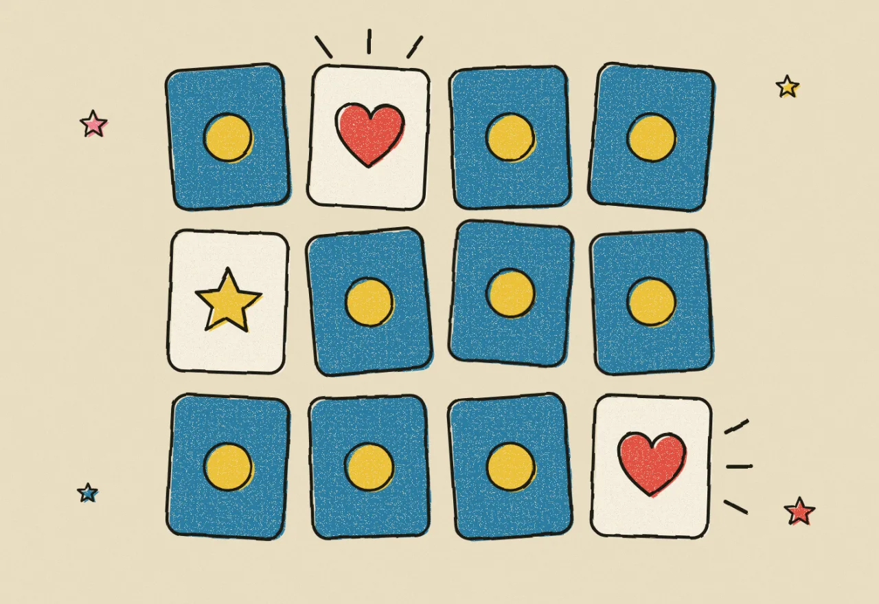 Uma mesa de cartas azuis viradas para baixo, com algumas abertas: dois corações iguais, uma estrela e uma lua
