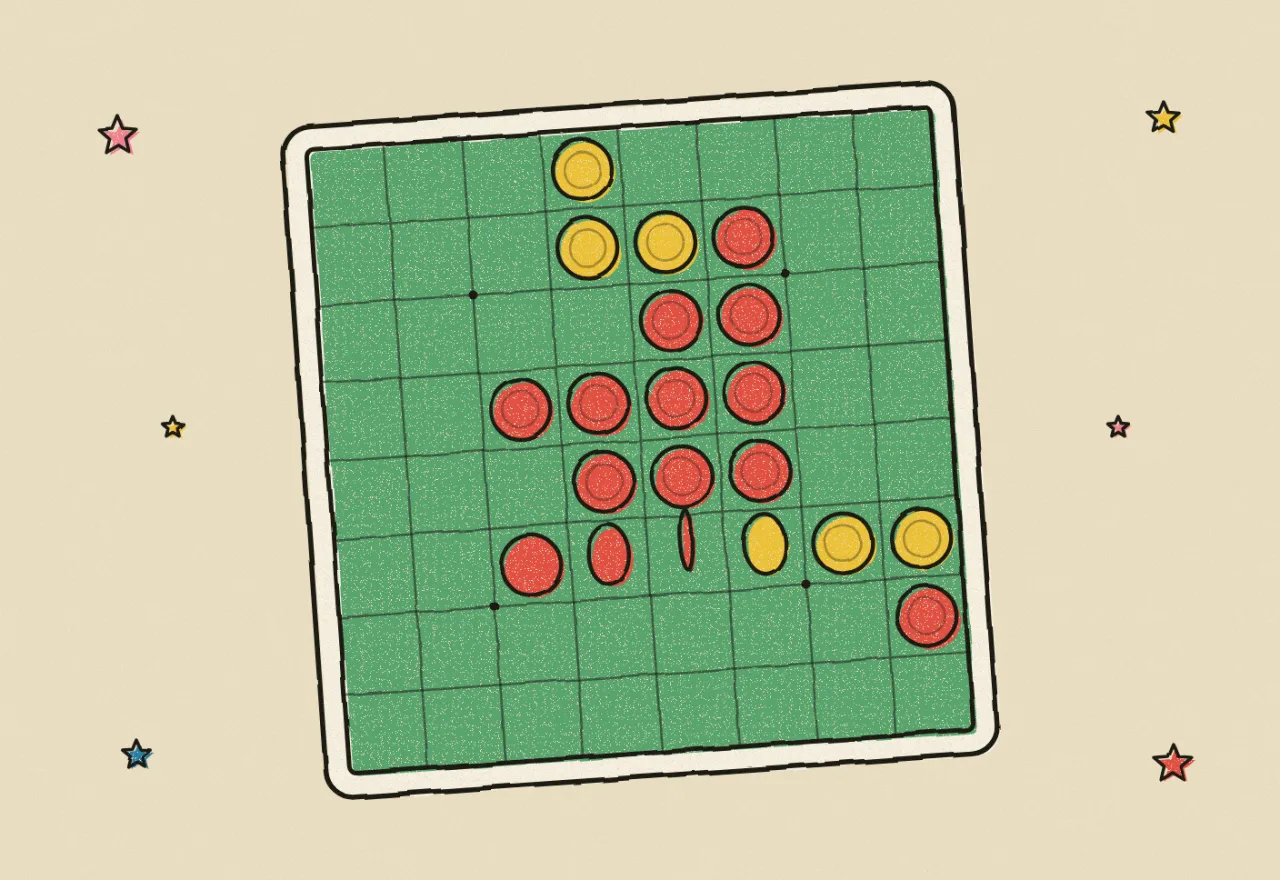 A green Reversi board with red and yellow discs, one disc halfway through flipping over