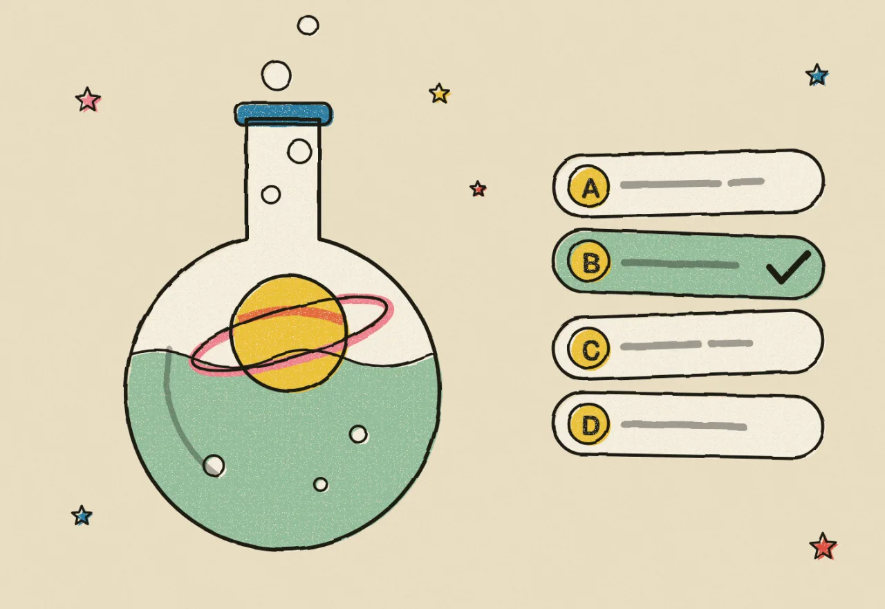 A round glass flask with a little ringed planet inside, bubbles and stars rising from it