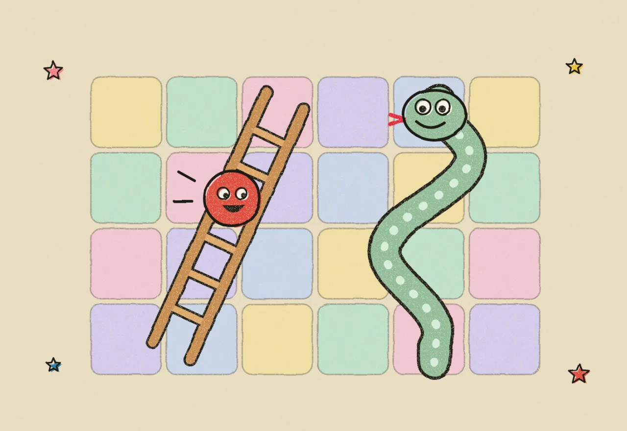 A cheerful Snakes and Ladders board with a smiling snake, a wooden ladder and two round pawns