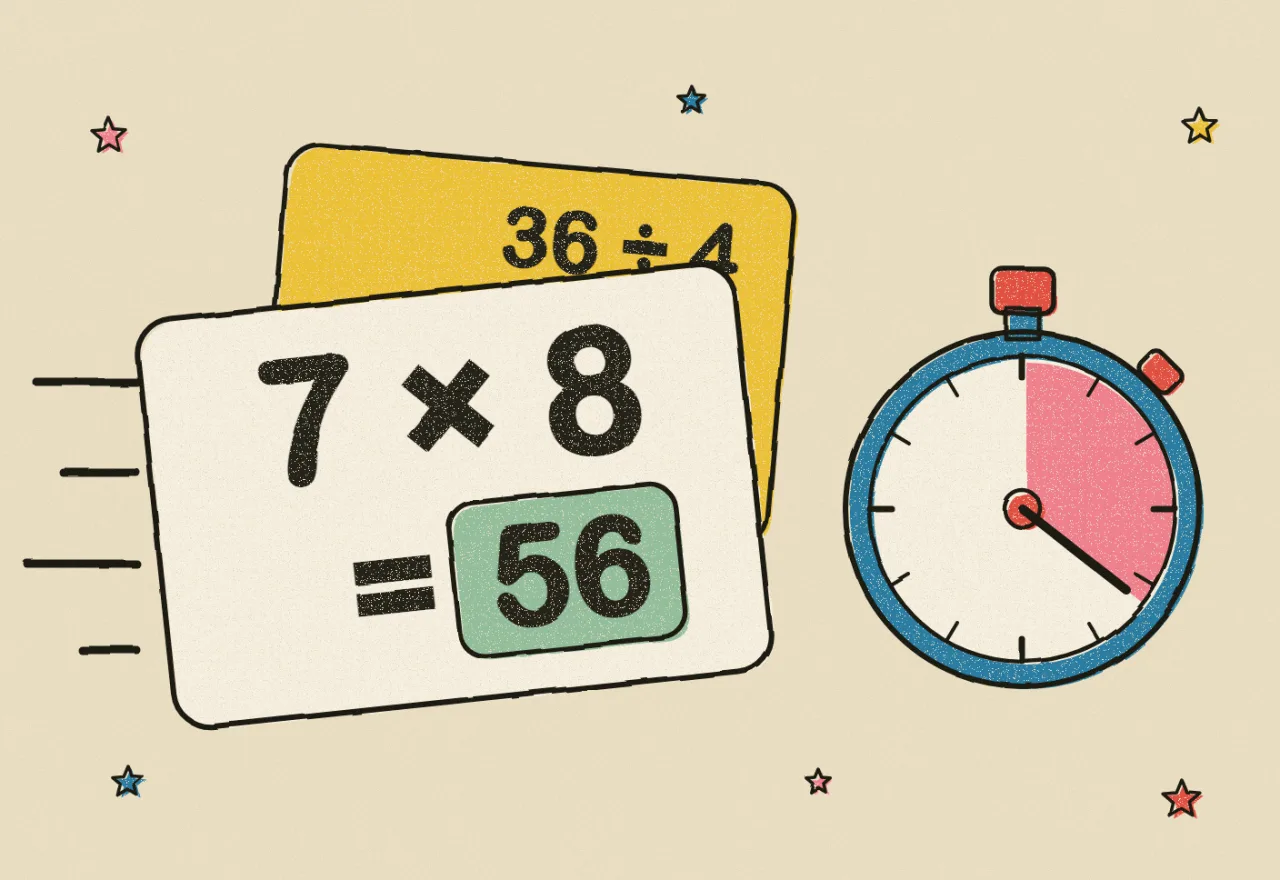 Paper cards with sums on them, a big “7 × 8” in front, next to a ticking stopwatch
