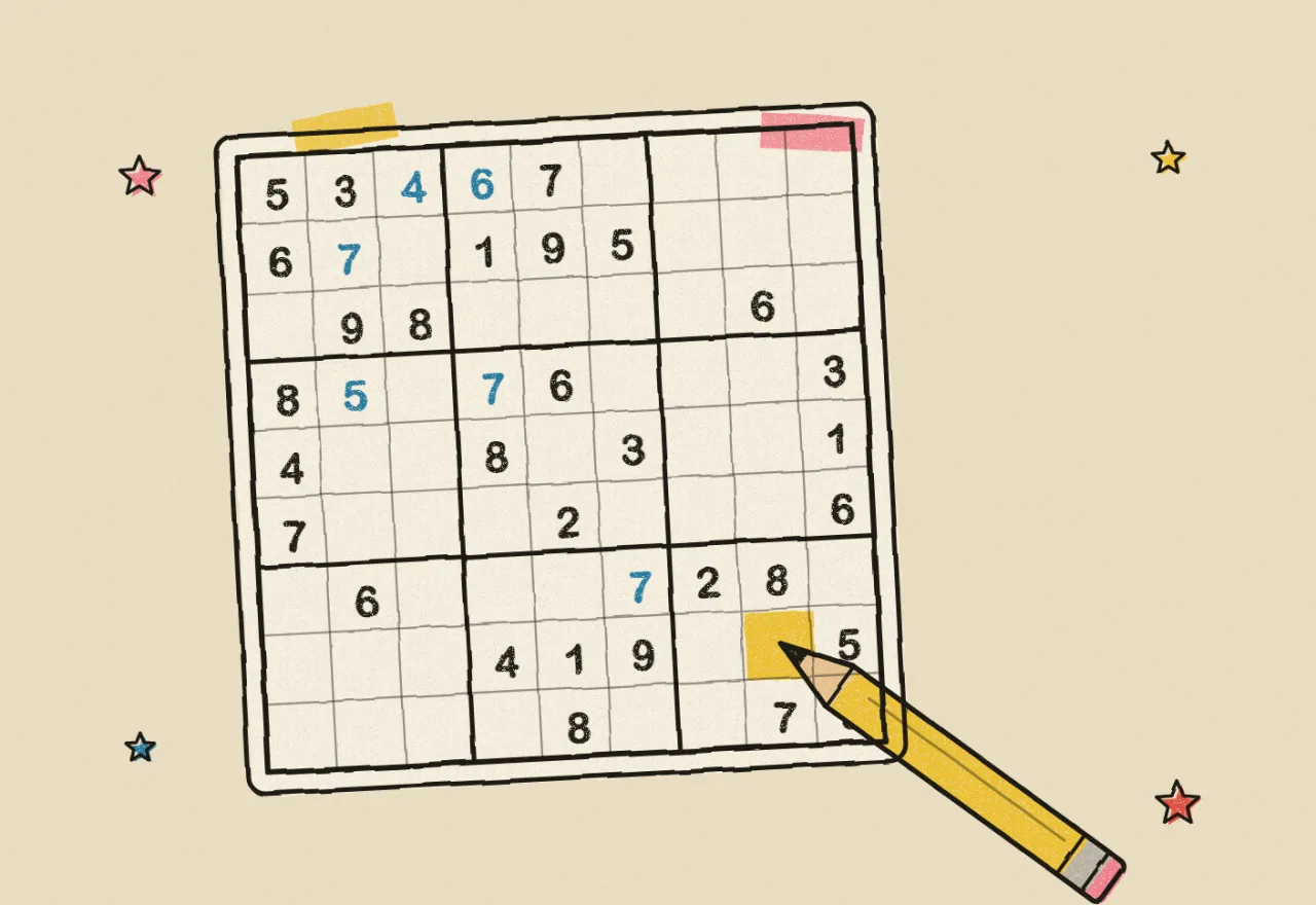 A paper Sudoku taped to the table, the last digit being written in blue pen
