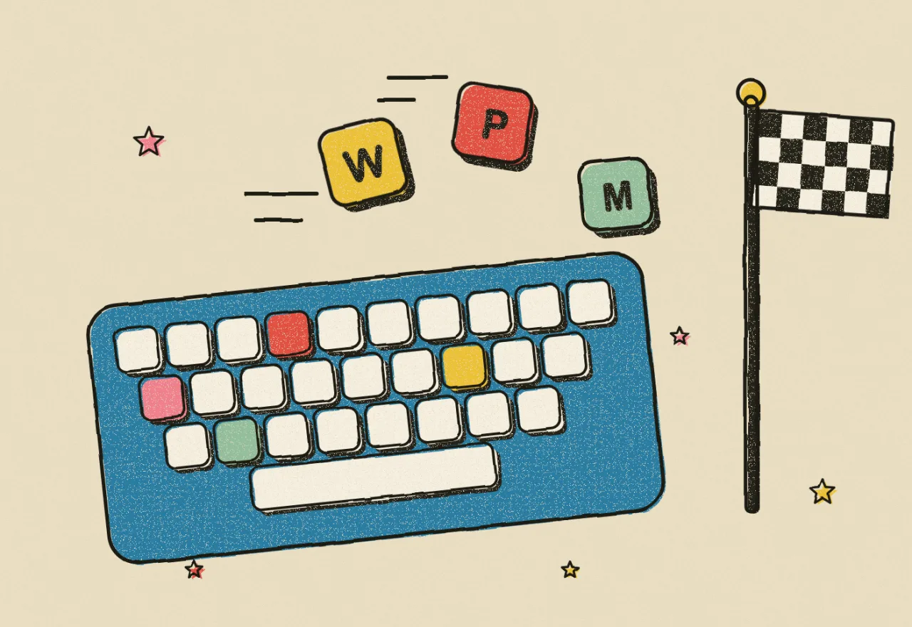 A keyboard with the keys W, P and M flying off towards a chequered finish flag